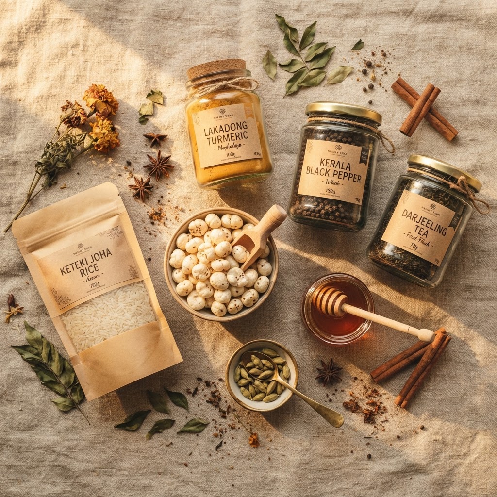 A curated flat lay of Amā artisan products — turmeric, black pepper, wild honey, makhana, and more — arranged on a natural linen table